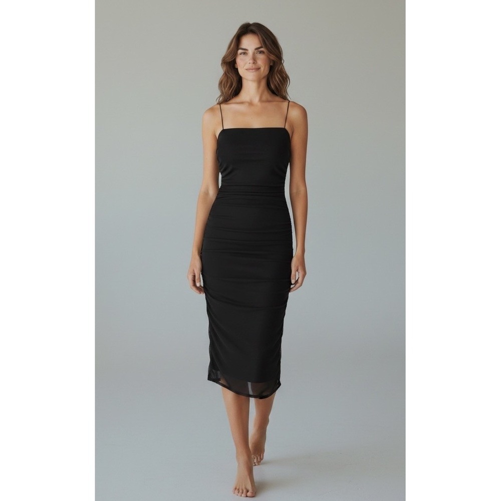 B. Darlin Women's Black Ruched Mesh Bodycon Sweetheart Dress Sz L - Picture 3 of 6